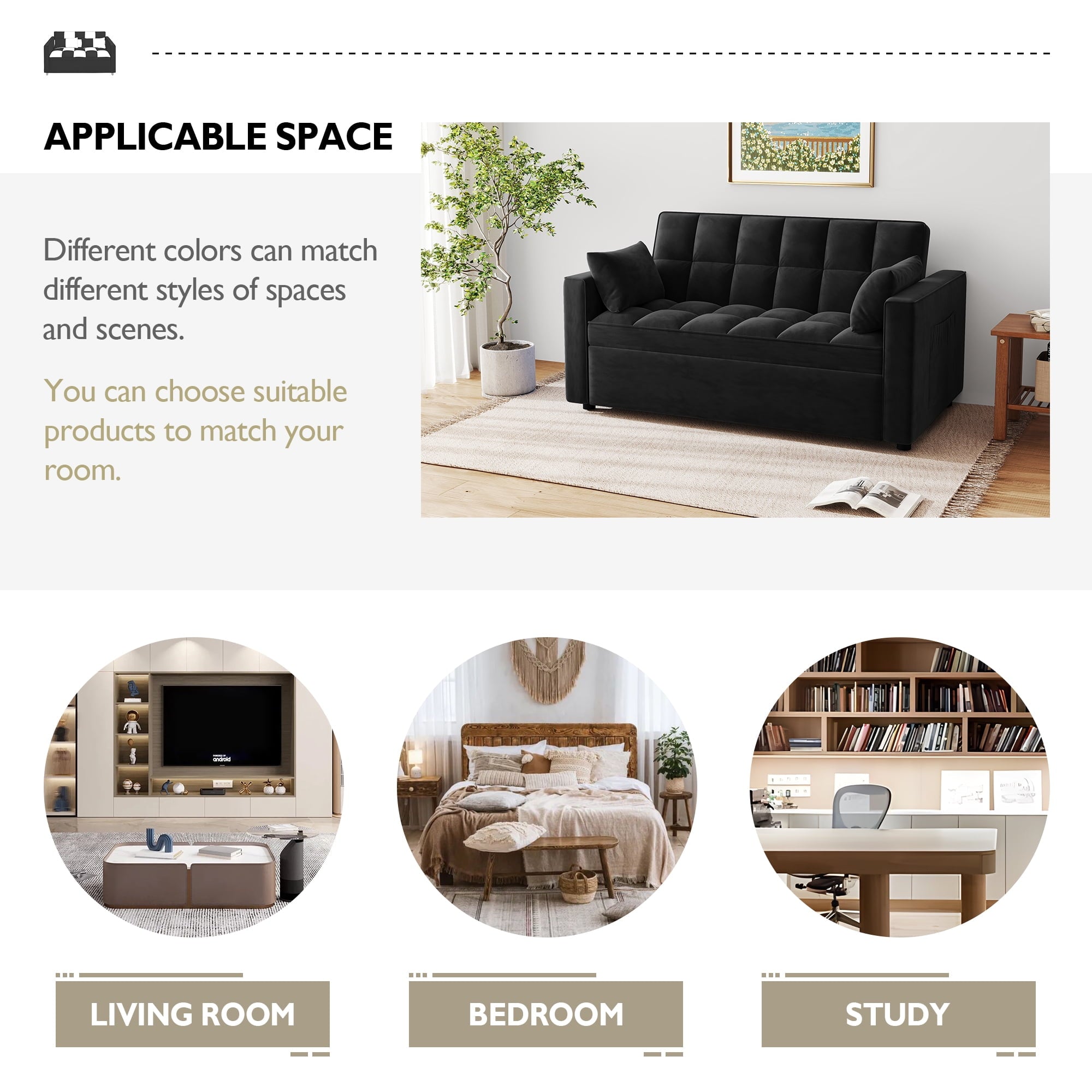 AENKYO Convertible Pull-Out Loveseat Sleeper Sofa Bed for Living Room, Modern Upholstered Futon in Black