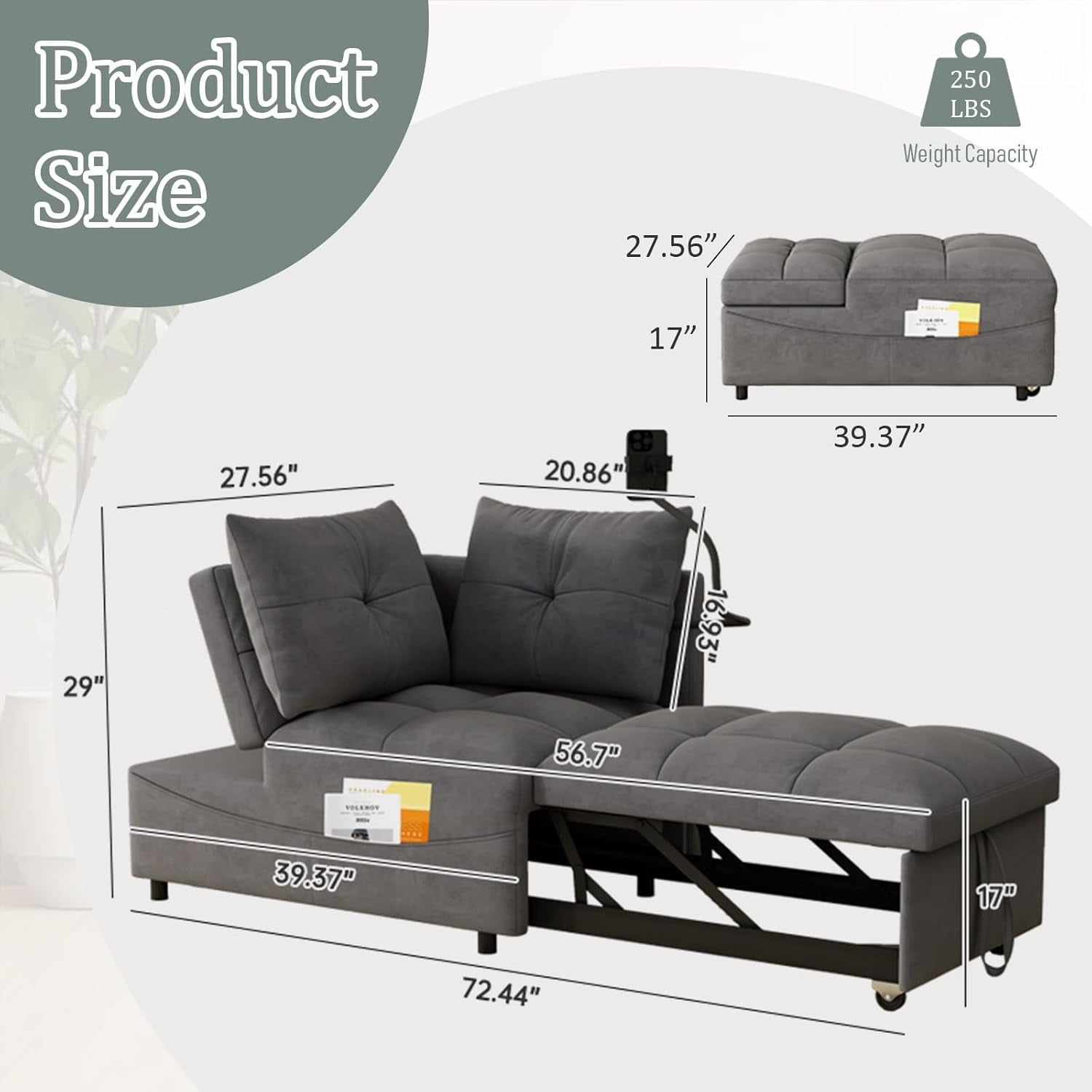 AENKYO 4-in-1 Convertible Sleeper Sofa Chair Bed w/USB/Phone Hub & Adjustable Backrest - Foldable Ottoman, Storage Pocket for Small Spaces - Includes 2 Pillows - Gray
