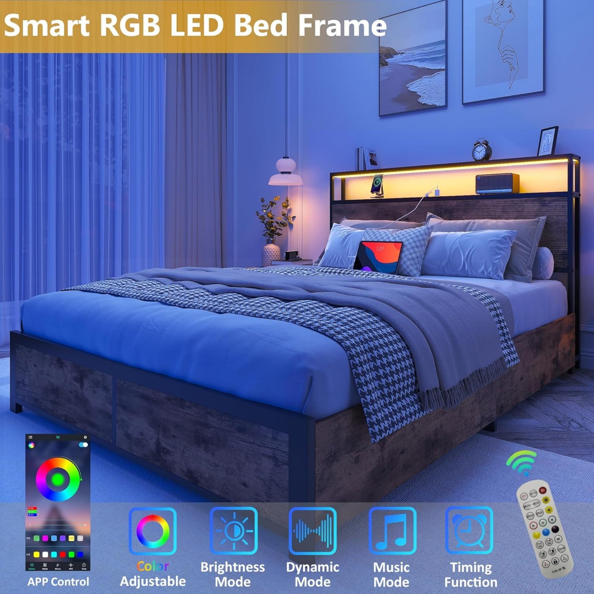 AENKYO King Size Bed Frame with LED Lights, Storage Headboard & 4 Drawers, Built-in Charging Station, Rustic Brown