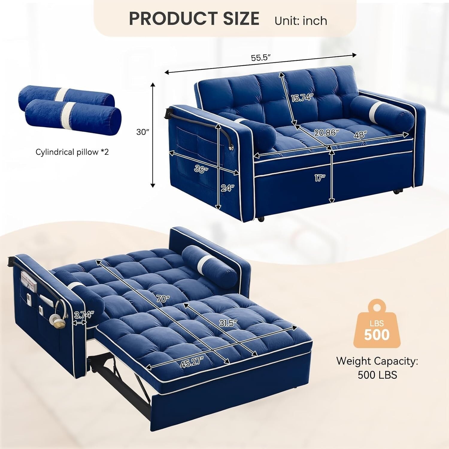 AENKYO Convertible Sleeper Sofa Bed with Phone Holder, USB, Cup Holders, for Small Spaces, Blue