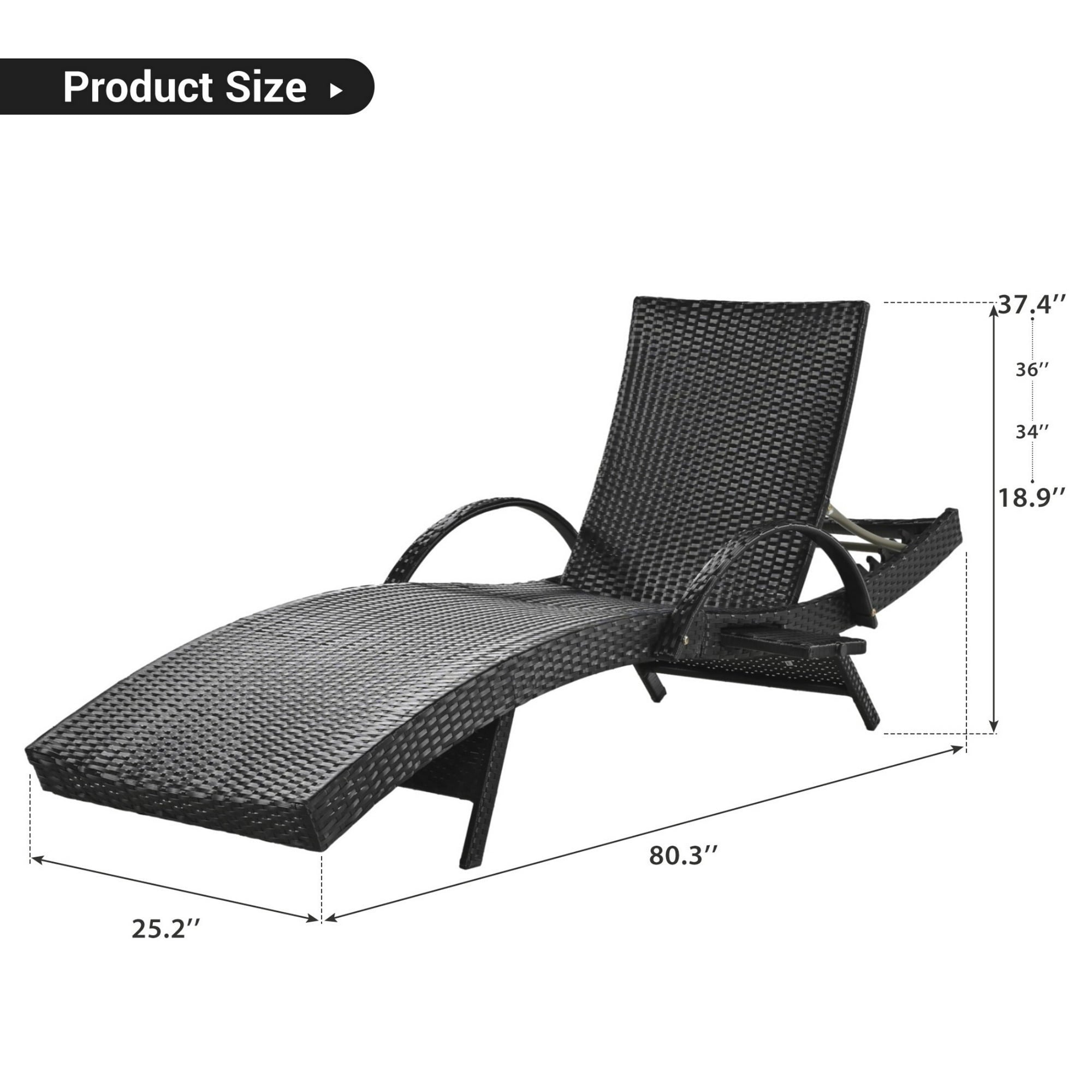 AENKYO 80-in Patio Chaise Lounge Chairs Set of 2, Outdoor Wicker Recliners with Adjustable Backrest and Pull-Out Side Table, Black