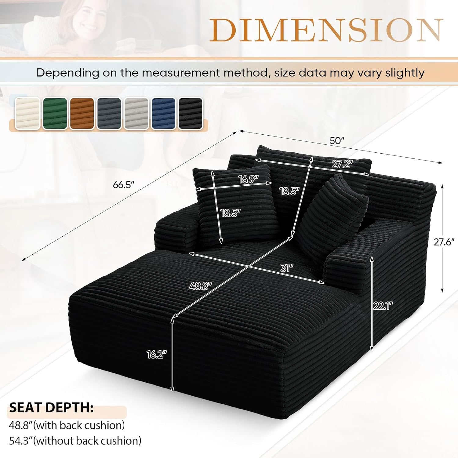 AENKYO 50" Chaise Lounge Sofa Bed with 3 Pillows, Convertible Sleeper Couch for Living Room, Bedroom & Small Spaces - Corduroy Upholstered Deep Seat Comfy Furniture - Black