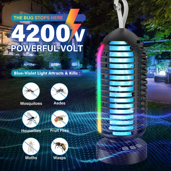 AENKYO Electric Bug Zapper Outdoor, Fly Mosquito Killer Lamp with Color Changing LED Light for Patio, Camping, Black