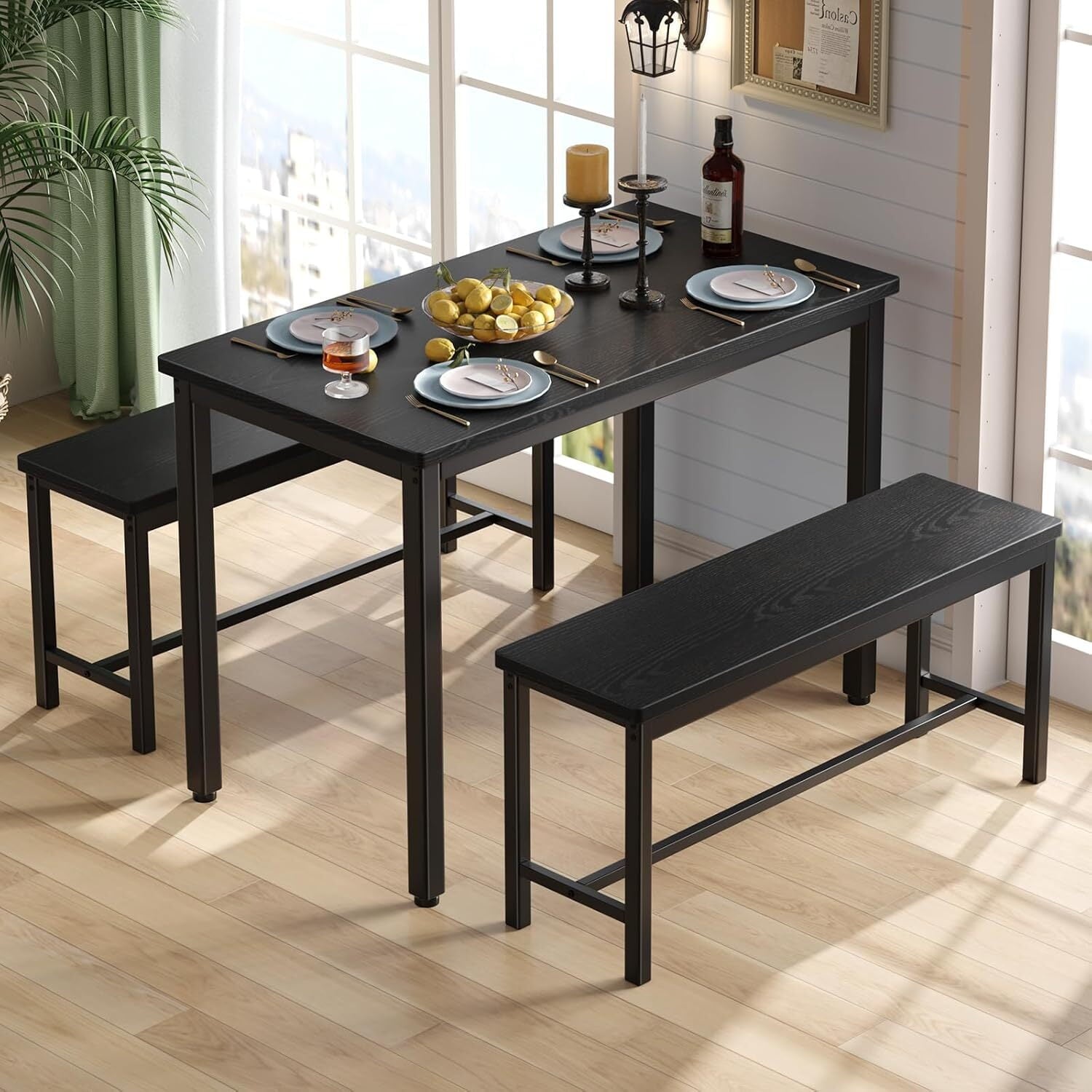AENKYO Dining Table Set for 4, 3-Piece Dining Table Set with 2 Benches, Modern Breakfast Nook for Small Spaces, Kitchen & Apartment, Easy Assembly Black