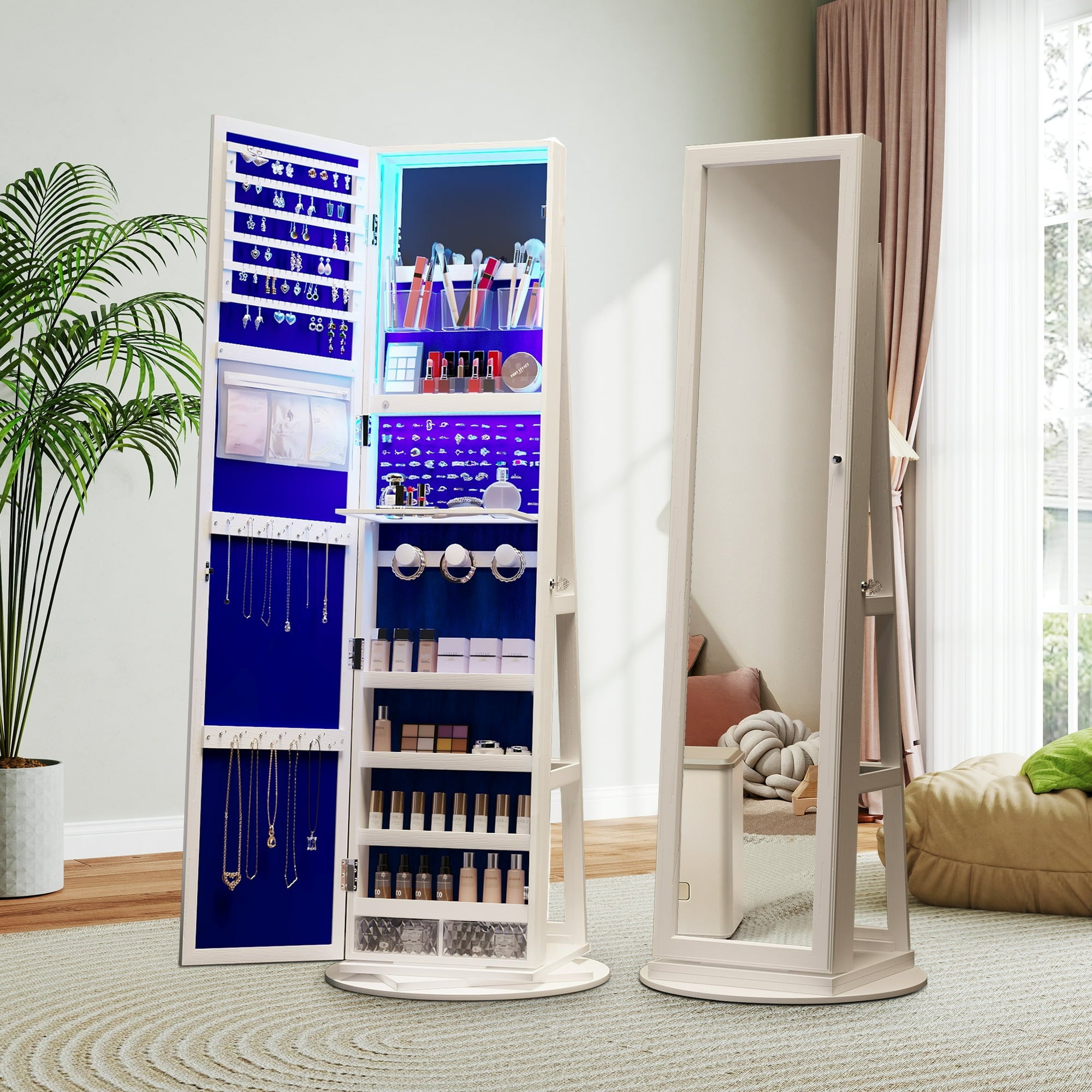 AENKYO 360° Swiveling Jewelry Cabinet with LED Lights , Freestanding Full-length Mirror with Storage Organizers, White