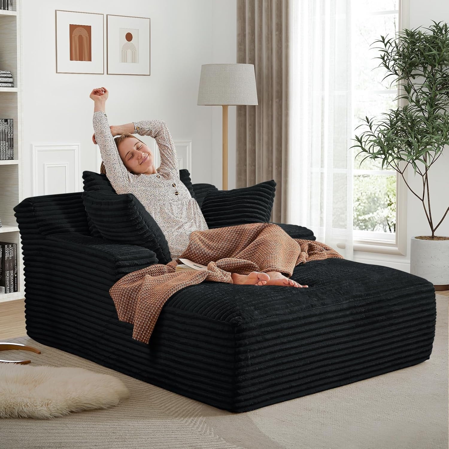 AENKYO 50" Chaise Lounge Sofa Bed with 3 Pillows, Convertible Sleeper Couch for Living Room, Bedroom & Small Spaces - Corduroy Upholstered Deep Seat Comfy Furniture - Black