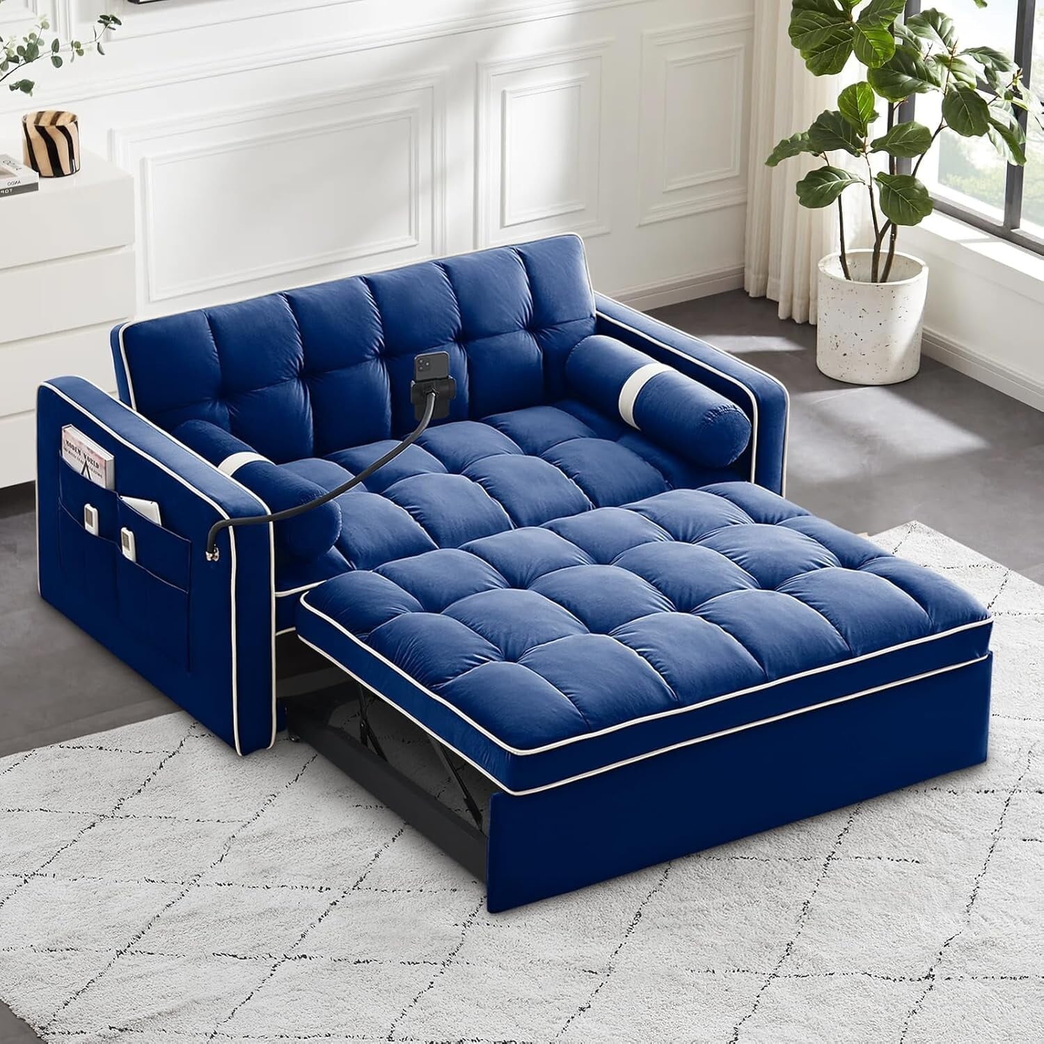AENKYO Convertible Sleeper Sofa Bed with Phone Holder, USB, Cup Holders, for Small Spaces, Blue