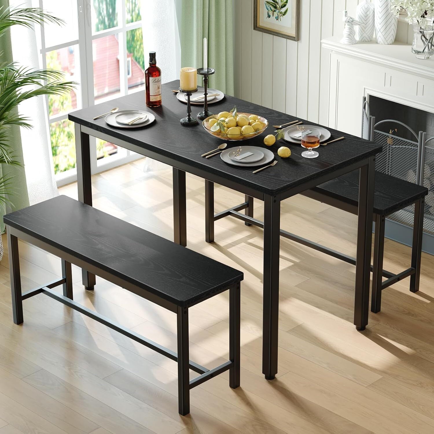 AENKYO Dining Table Set for 4, 3-Piece Dining Table Set with 2 Benches, Modern Breakfast Nook for Small Spaces, Kitchen & Apartment, Easy Assembly Black