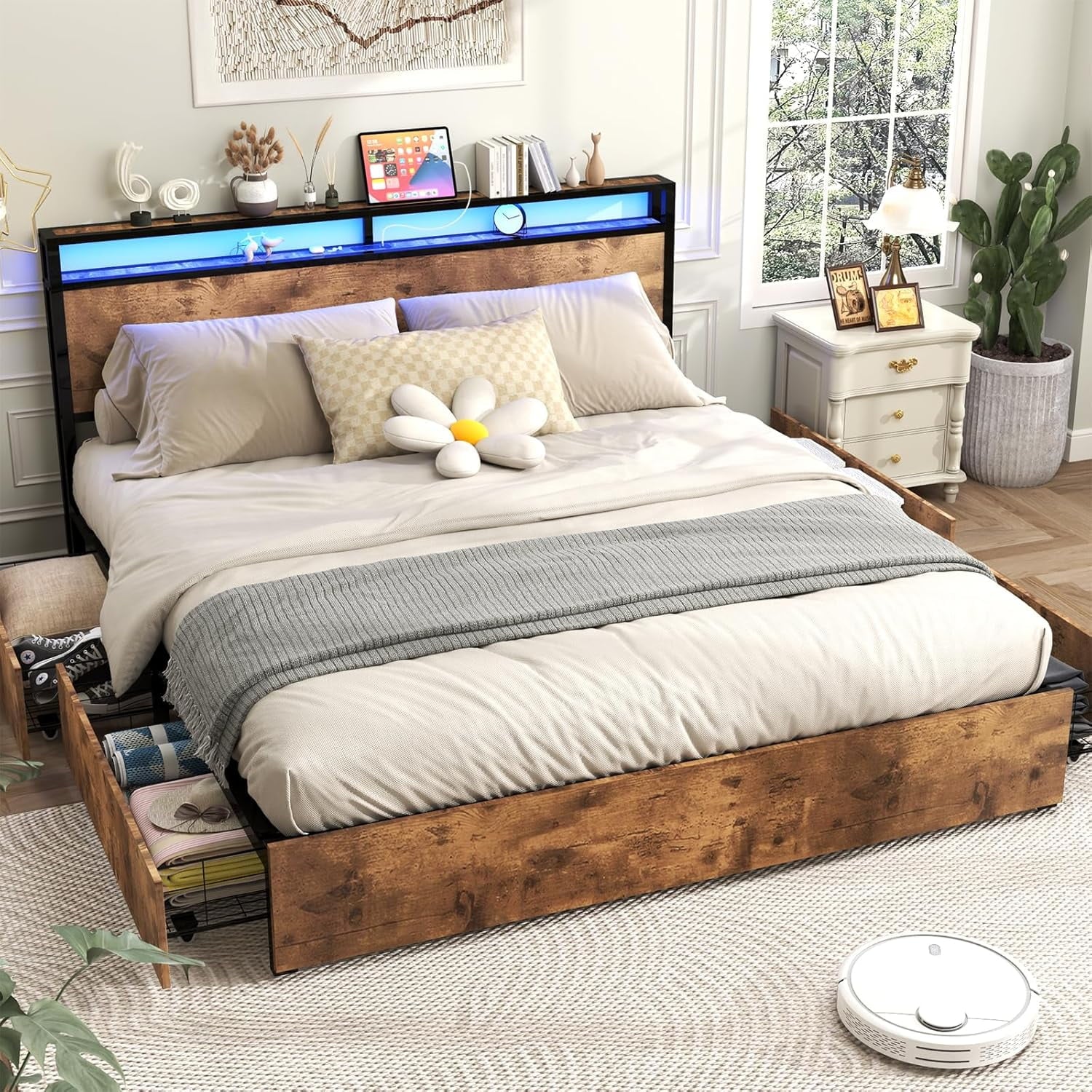 AENKYO King Size Bed Frame with LED Lights, Storage Headboard & 4 Drawers, Built-in Charging Station, Rustic Brown