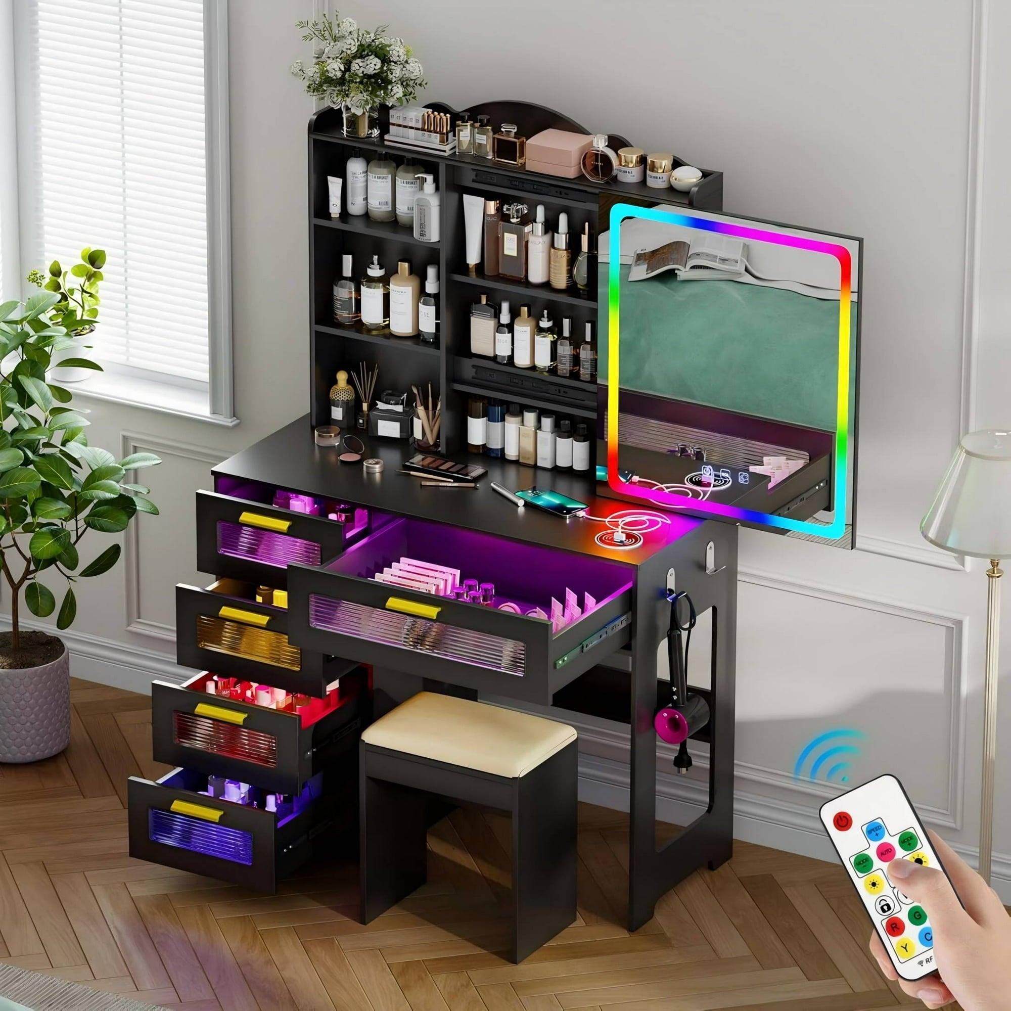AENKYO Modern LED Lights Vanity Table Set with Sliding Mirror and Power Outlet for Women, Black