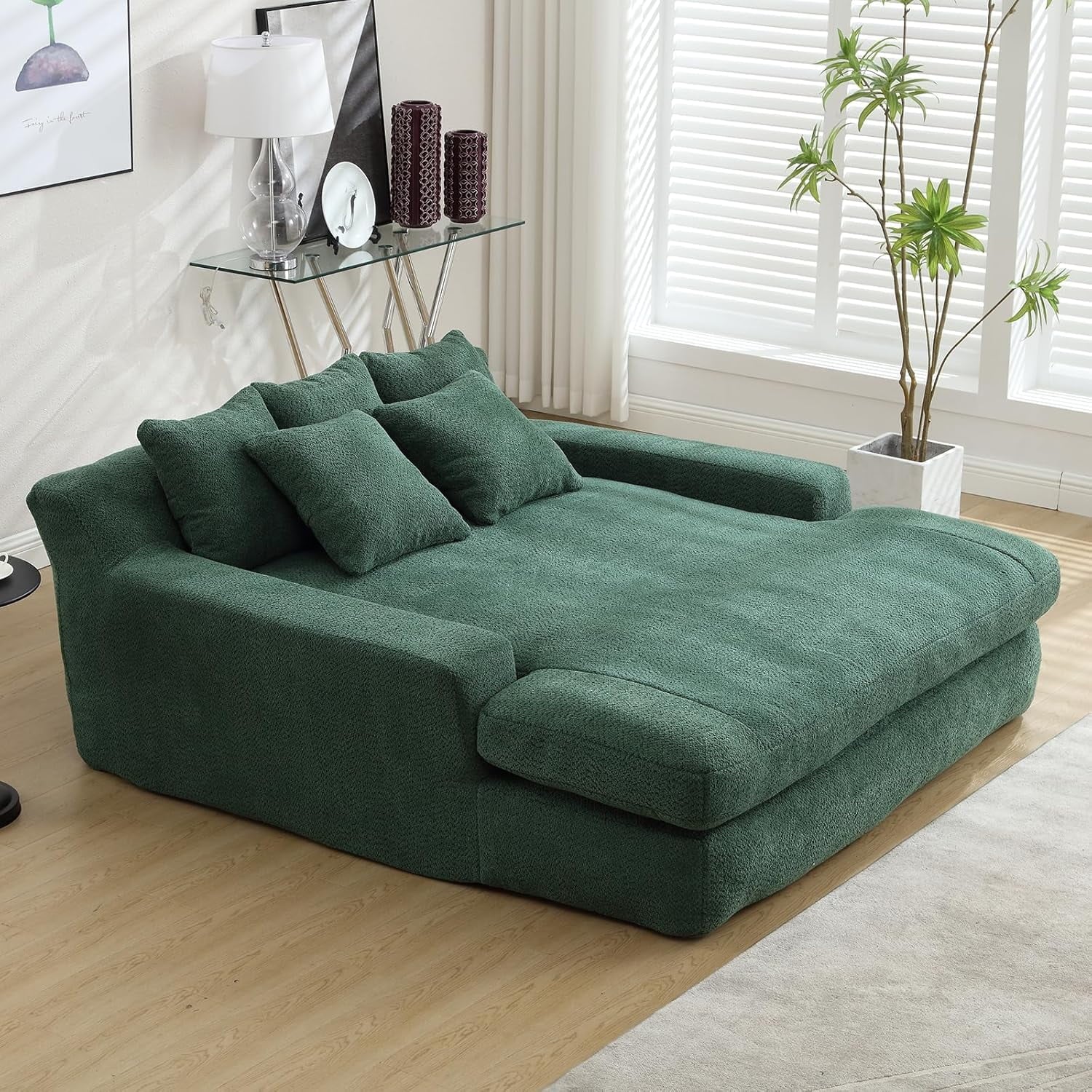 AENKYO Queen Size Sleeper Sofa Bed, Deep Seat Chaise Lounge w/5 Pillows,Space-Saving Multi-Functional Chenille Couch for Apartment Living -  Green