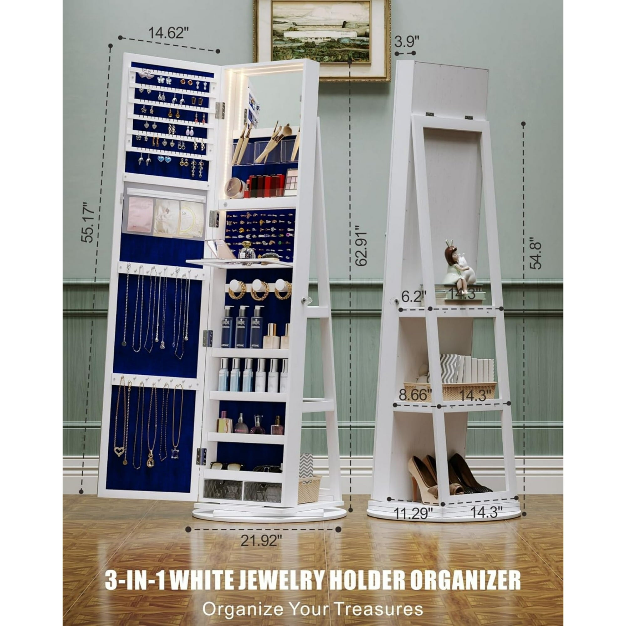 AENKYO 360° Swiveling Jewelry Cabinet with LED Lights , Freestanding Full-length Mirror with Storage Organizers, White