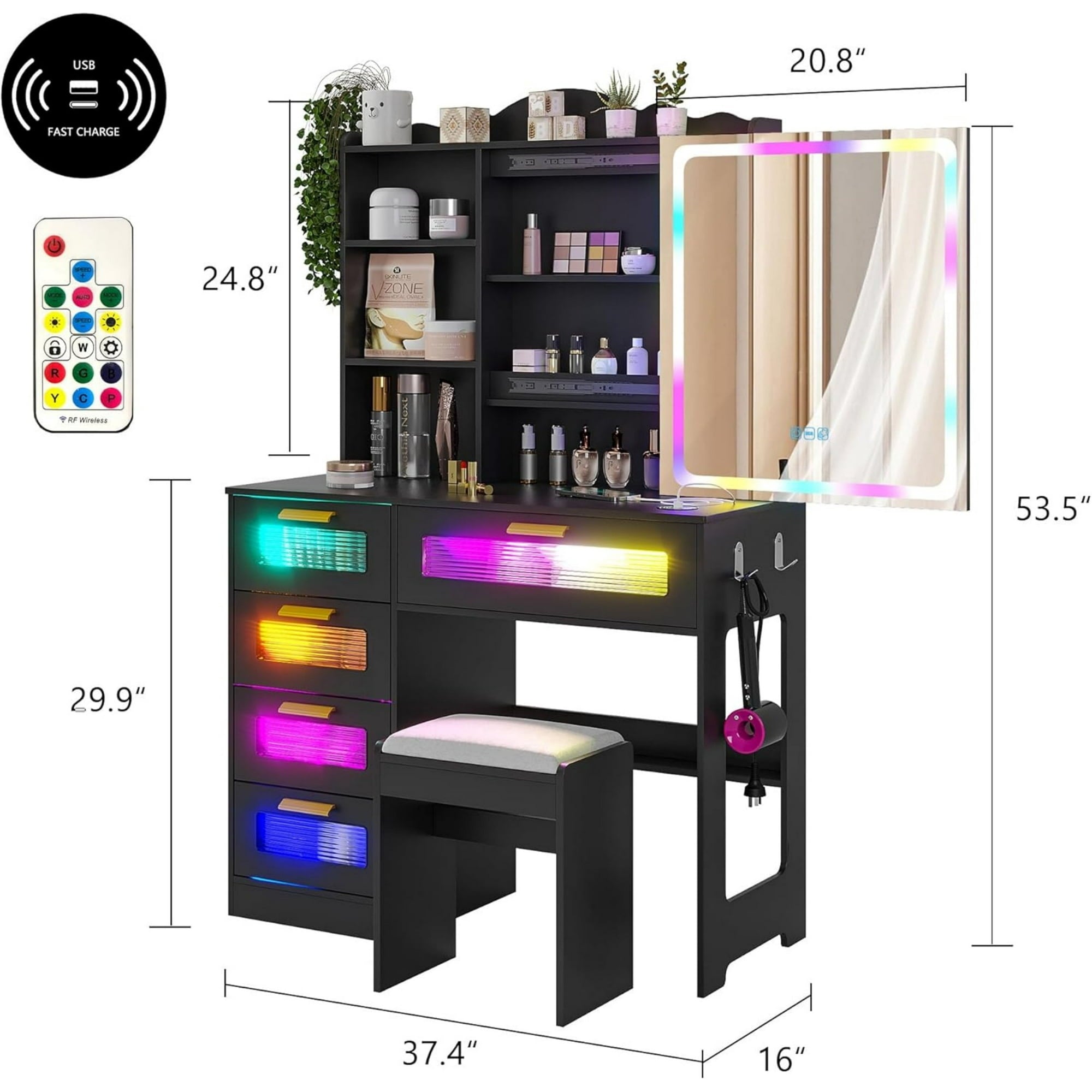 AENKYO Modern LED Lights Vanity Table Set with Sliding Mirror and Power Outlet for Women, Black